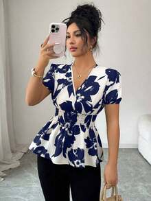 Blusa elegante y de moda con estampado floral y cuello en V con cintura ceñida para mujer - Azul marino - Ver 3