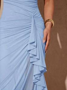 xheSilquee Elegante vestido verde salvia con mangas abullonadas románticas y abertura alta, vestido de fiesta ajustado con encaje para el Día de San Valentín, citas, invitados de boda, baile de graduaciónxhe - Celeste - Ver 7