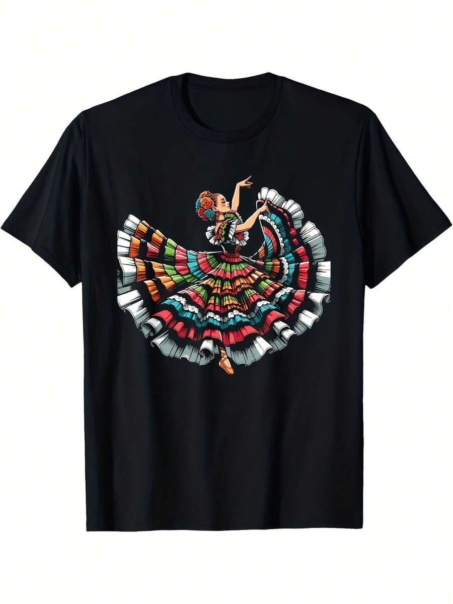 Camiseta unisex playeras de hombre camiseta de mujer estampado vibrante bailarina folclórica mexicana corte holgado cómodo cuello redondo manga corta diseño colorido temática Día de la Madre regalo La mejor mamá del mundo ropa casual alta calidad nacional envio - Negro - Ver 1