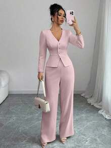 Elenzya Conjunto de blazer y pantalones de manga larga elegante para mujer, estilo de negocios/oficina, adecuado para verano, Día de la Independencia, graduación, vuelta al colegio - Rosa - Ver 1