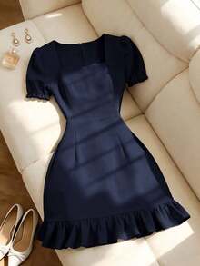 Vestido casual de línea A de manga corta con cuello cuadrado y perlas para mujer, de unicolor elegante, adecuado para invitados, banquetes, cumpleaños, fiestas, verano y otoño, citas, ir al trabajo, estilo callejero, azul - Azul marino - Ver 1