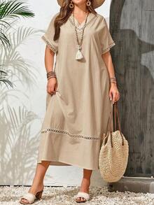 Vestido casual holgado de unicolor con cuello en V y mangas cortas para mujer de talla grande - Albaricoque - Ver 6