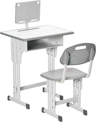 Kids Desk And Chair Set Adjustable Height Study Table Set W/Drawer, Book Stand, Pen Slot - Grey
