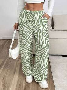 Pantalones con cordón de mujer con estampado de leopardo blanco - Verde lima - Ver 4