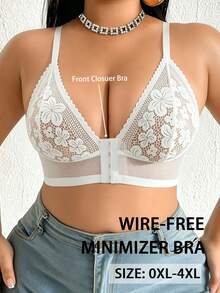 Plus Size Women Lace Patchwork Wireless Bra, Breathable Non-Slip Supportive Seamless Everyday Wear - White - View 2