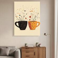 Enmarcado Lienzo decorativo 2D plano de 1 pieza, estilo Art Déco moderno retro, diseño de tazas humeantes otoñales, póster impreso de alta calidad, elegante decoración de oficina en casa con marco de  para sala de estar, dormitorio, cocina, baño, orientación vertical para interiores, decoración de cocina - Enmarcado - Ver 2