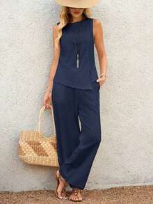2 piezas Conjunto casual de uso diario con top y pantalones con diseño de abertura de jacquard para mujer - Azul marino - Ver 8