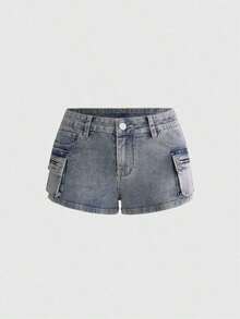 Grunge Punk Conjuntos de verano para mujer: shorts mini de tiro bajo de mezclilla desgastada, estilo de calle punk - Celeste - Ver 1