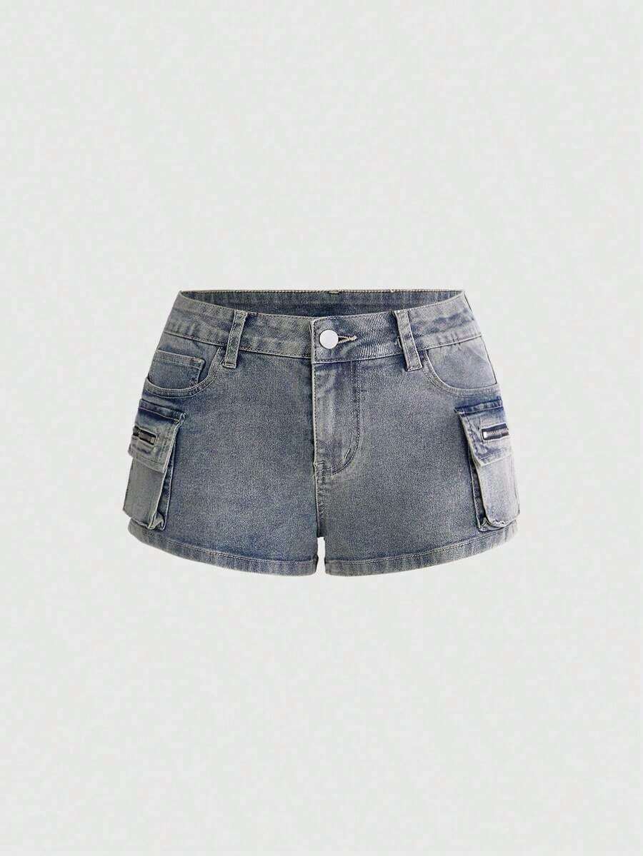 Grunge Punk Conjuntos de verano para mujer: shorts mini de tiro bajo de mezclilla desgastada, estilo de calle punk - Celeste - Ver 1