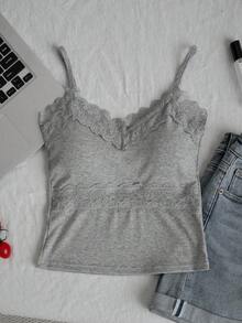 Áo hai dây ren cổ chữ V gợi cảm dành cho nữ, thích hợp mùa xuân/hè, có đệm mút, khoét lỗ, ôm sát, dáng slim, áo lót, áo hở lưng, kiểu dáng thường ngày. - Xám - Xem 5