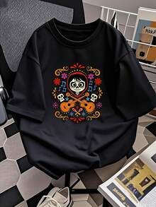 Skull Surrounded By Guitars, Flowers, Musical Notes, And Small Skulls Symbolizing Joy, Remembering Loved Ones With A Festive Touch. Comfortable And Modern Women's T-Shirt For Casual Wear. - Black - View 2
