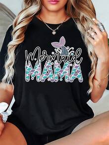 Women's Soft One-Piece Mermaid Ocean Theme T-Shirt - 180g Casual Short Sleeve Crew Neck T-Shirt With Black And White "Mermaid Mom" Print And Fantasy Mermaid Tail Design, Geometric Scale Pattern, Machine Washable, Perfect Mother's Day Gift, Comfortable For Everyday Summer Wear, Opaque Fabric, Comfortable Fit, Fashionable T-Shirt. - 黑色 - 查看 1