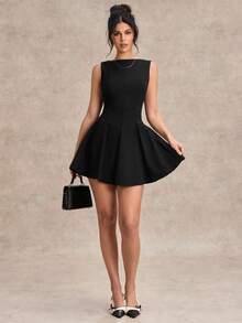 Vestido negro sólido, minimalista y sexy de corte evasé en tono burdeos para mujer, vestido para citas, vestido de dama de honor corto, vestido negro elegante para primavera/verano - Negro - Ver 6