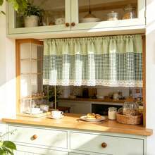 1 buah Tirai Kecil Motif Kotak-kotak Hijau Gaya Rumah Pertanian Korea, Cocok untuk Dapur, Tirai Dapur Apartemen, Tirai Berumbai Dapur, Dapat Dicuci dengan Mesin dan Mudah Dipasang - Desain Kantong Batang - Hijau - View 3