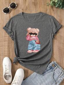 Women's Oversized Brown T-Shirt With  Bear Print. Loose-Fitting Round Neck T-Shirt With A Pink Bear Wearing Glasses. Casual Short-Sleeved T-Shirt With A  Bear, Chic And Youthful Style. - YH484-灰色 - 查看 2