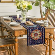 1pc Indigo Persian Rug Pattern Printed Table Runner, Boho Style Rectangular Table Runner/Cabinet Decor Flag, Polyester Printed, Suitable For Indoor/Outdoor, Daily Use, Wedding, Holiday Home Decor, Dining Room, Living Room, Dining Table, Kitchen, Party, Holiday Gift, All Seasons - Multicolor - View 2