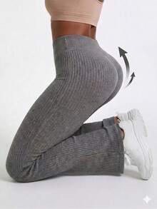 Leggings de ioga femininas de cor sólida, cintura alta e caneladas, modeladoras de bumbum, cintura fina, casuais, justas, respiráveis, ideais para exercícios, ioga, academia, esportes, passeios e férias. - Cinza - Ver 3