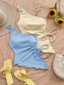 WYWH Blusa sin mangas de unicolor con bajo asimétrico, para verano - Azul y blanco - Ver 6