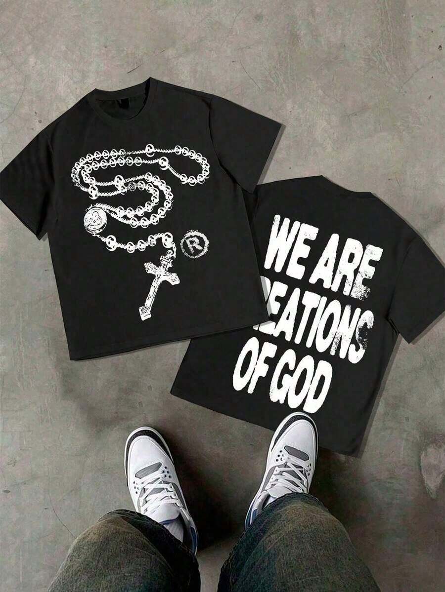 Y2K Urban Style T-Shirt With Religious Theme And The Slogan 'We Are Creations Of God' (220g Cotton T-Shirt) Printed T-Shirts, Unisex Cotton T-Shirts, Casual And Comfortable To Wear, Men's T-Shirt Ideal For Both Casual Outings And Relaxing At Home, Fun T-Shirts. - 黑色 - 查看 1