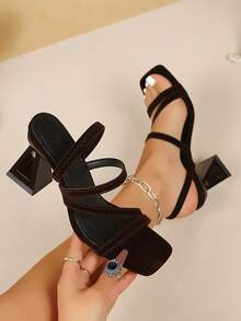 Black Suede Criss-Cross Strap Chunky Heel Sandals, Square Toe Thick Sole High Heel Summer Party Shoes For Women - Brown - View 1