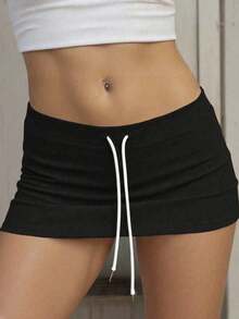 Minifalda de mujer con cintura baja y cordón, para verano - Negro 2 - Ver 4