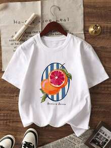 Suave Camiseta Oversize para Mujer con Estampado Gráfico de Fruta "Arancia Rossa" Naranja Sangre, Estilo Y2K, Ropa Casual Urbana de Manga Corta con Cuello Redondo, Top Vintage Retro con Estampado de Fruta Fresca, Atuendo de Verano para Vacaciones en la Playa, Uso Diario, Citas para Café, Brunch, Fiestas, Moda Festiva para Adolescentes, Camiseta Gráfica Holgada para Mujeres Jóvenes y Amantes de la Fruta, ropa de calor mujer - Blanco - Ver 2