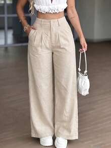 Pantalones largos sueltos y casuales tejidos para mujer, verano - Caqui - Ver 1