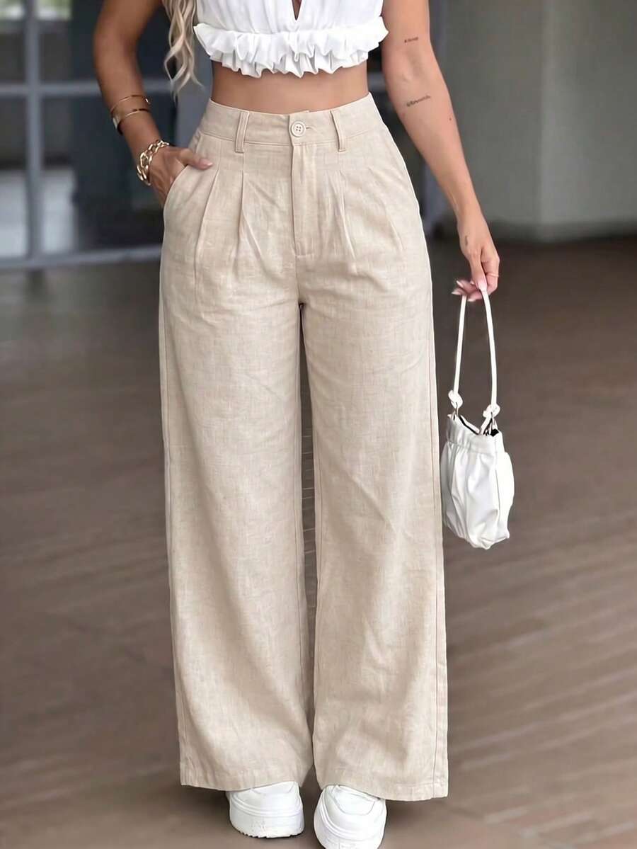 Pantalones largos sueltos y casuales tejidos para mujer, verano - Caqui - Ver 1