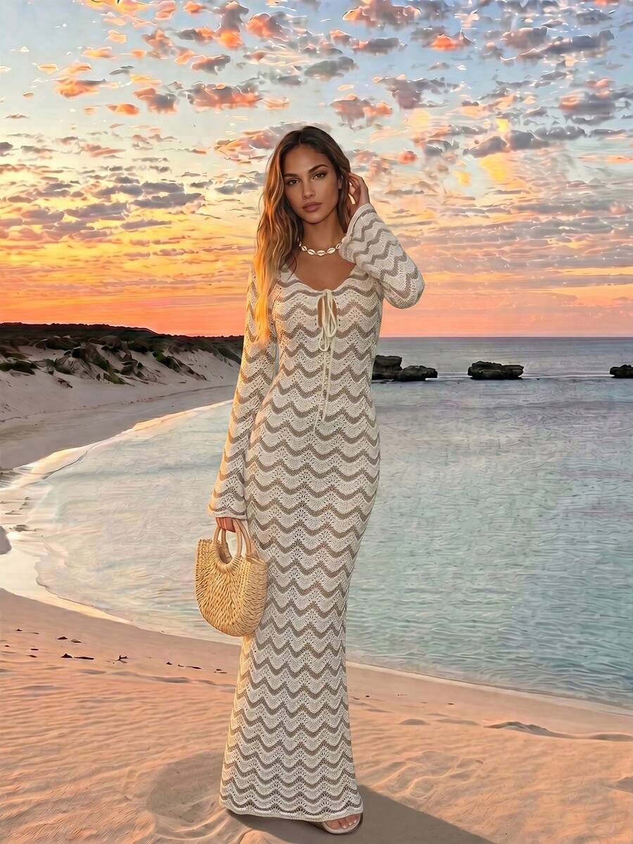 Đầm dài tay cổ chữ V dáng bohemian ombre khoét lỗ gợi cảm xuyên thấu buộc dây dành cho nữ năm 2026, thích hợp mặc đi biển hoặc du lịch mùa hè. - Nhiều màu - Xem 1