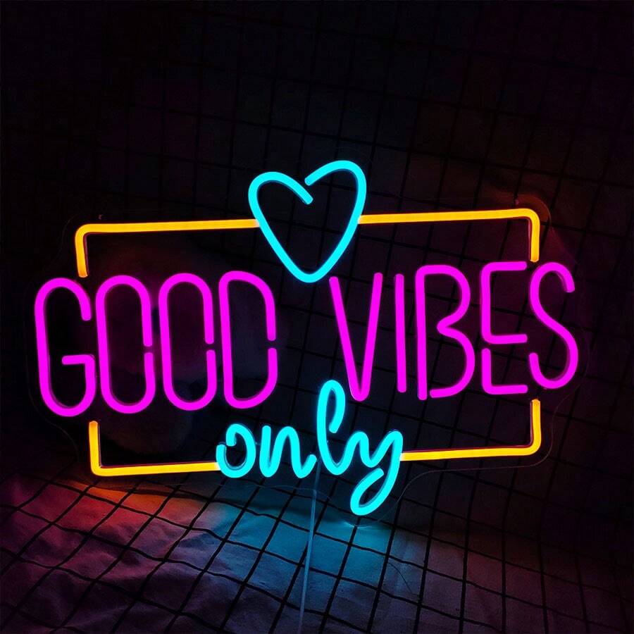 1个“Good Vibes Only”霓虹灯，卧室/宿舍氛围灯，USB供电 - 玫紅,冰藍,黃 - 查看 1
