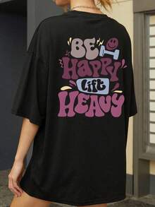 Women's Casual Knitted Drop Shoulder Short Sleeve Round Neck T-Shirt with 'Be Happy Lift Heavy' Graphic Print - Negro - Ver 2