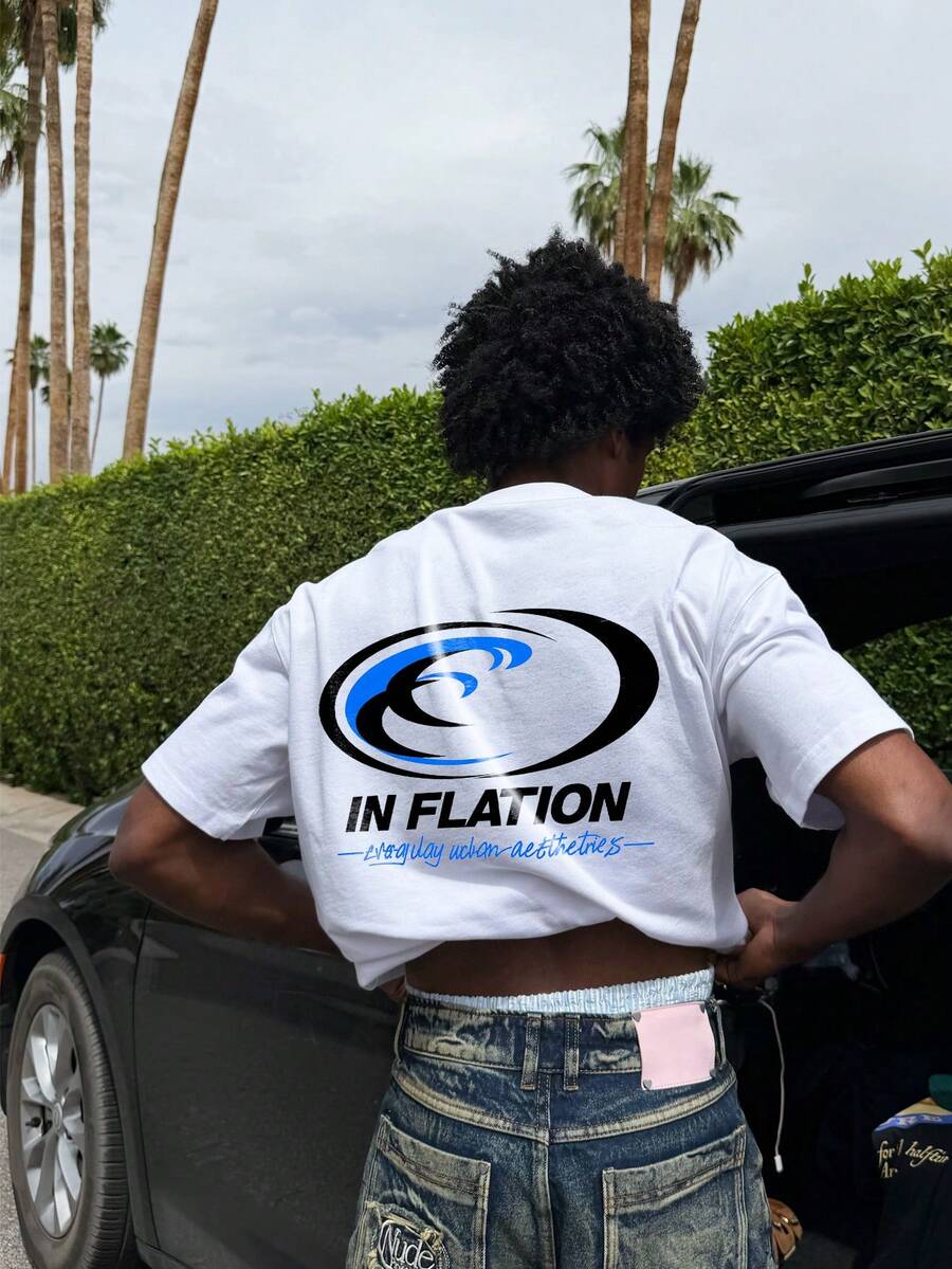 INFLATION 男女皆宜的复古街头风图案宽松T恤,音乐节T恤 - 白色 - 查看 1