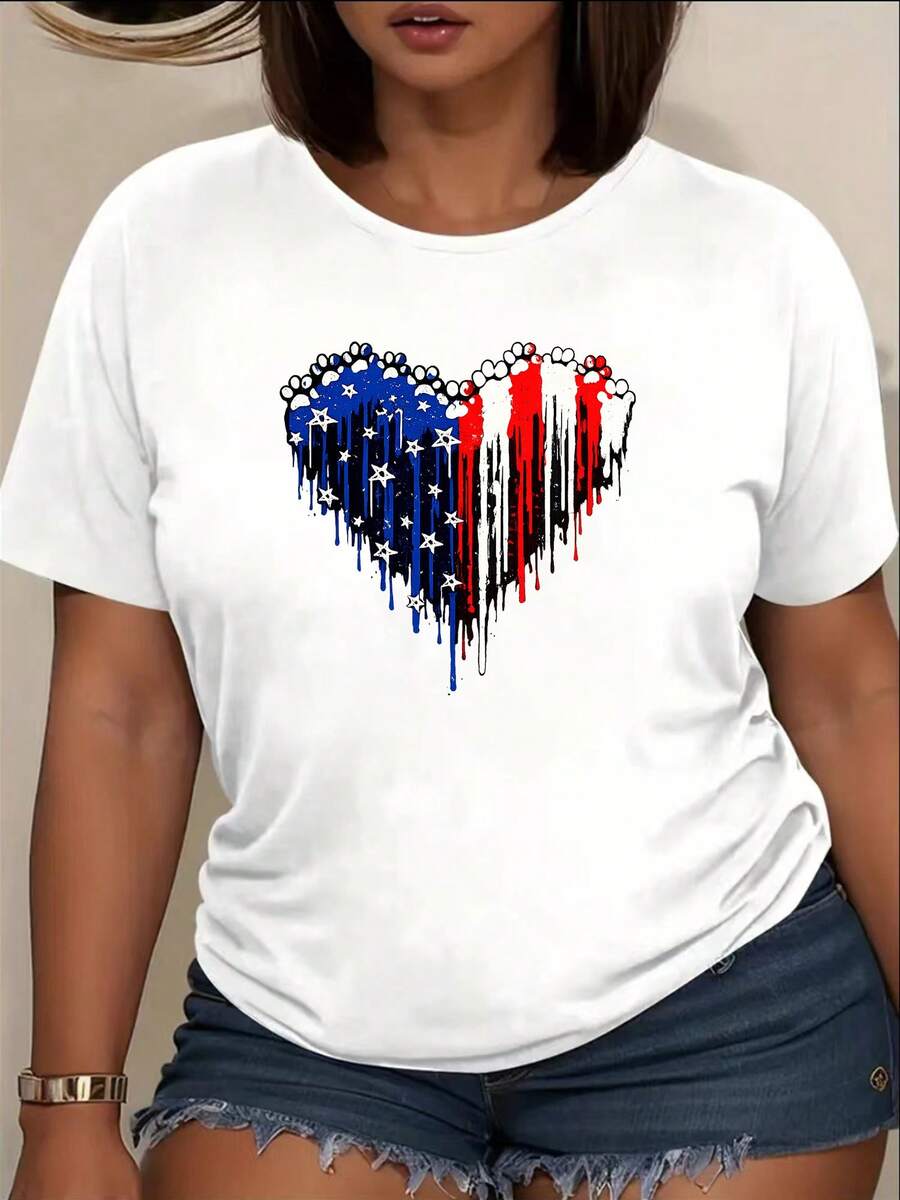 Camiseta casual de manga corta con estampado de corazón patriótico para mujer, de longitud regular. Ropa de mujer adecuada para: el hogar, reuniones, vacaciones, escuela, fiestas, etc. Prenda básica para combinar con otras prendas. Idea de regalo. - Blanco - Ver 1