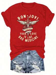 Camiseta de manga corta con estampado de la banda BON JOVI para primavera/verano, camiseta casual de cuello redondo para mujer, ropa casual de moda, camiseta sencilla para mujer, camiseta de verano. - Rojo - Ver 1