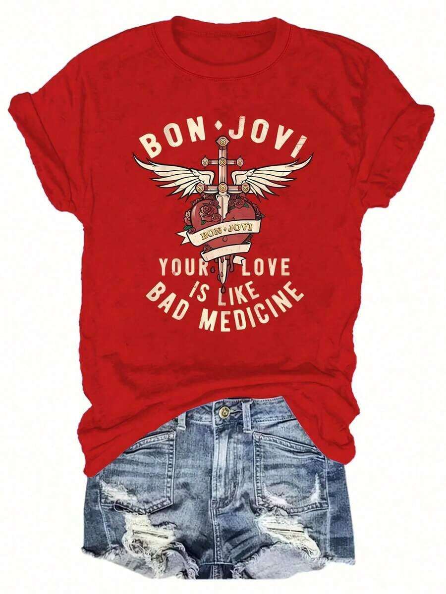 Camiseta de manga corta con estampado de la banda BON JOVI para primavera/verano, camiseta casual de cuello redondo para mujer, ropa casual de moda, camiseta sencilla para mujer, camiseta de verano. - Rojo - Ver 1