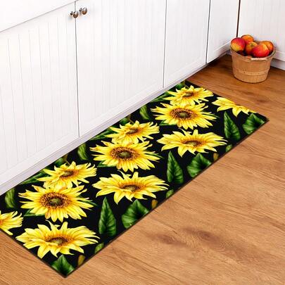 1pc Sunflower Pattern Printed Doormat, Silica Gel Kitchen Carpet, Kitchen Mat, Rug, Easy To Clean, Rectangular Printed, Suitable For Living Room, Bedroom, Hallway, Bathroom, Laundry Room - Polyester Carpet, Suitable For Indoor And Outdoor Home Decor