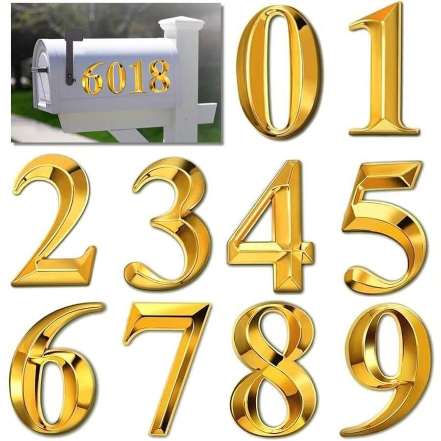 House Numbers 3D Door Mailbox Numbers 0-9 Self Adhesive House Door Street Address Stickers For, Apartment, Office, Hotel Room, Mailbox Signs(Gold) - Gold - View 1