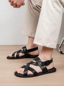 Men's Adjustable Criss-Cross Sandals, Soft Sole Beach Vacation Style Slippers, Comfortable & Fashionable Indoor/Outdoor Strap Slippers - Black - View 3