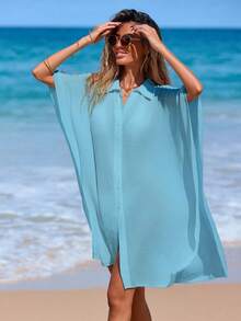 Vestido Camisero Transparente de Playa para Mujer, Blanco, Holgado, Manga Corta, Verano Casual - 7012-Azul hielo - Ver 3