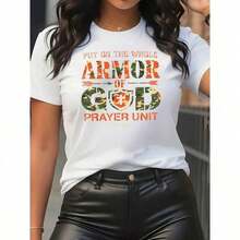 Camiseta de manga corta con estampado de camuflaje para mujer - Estilo deportivo casual, suave y transpirable, hecha de 95% y 5% a 180G, audaz, estilo urbano, ropa de verano cómoda y versátil. - Blanco - Ver 1