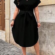 Simple Solid Black Plus Size Women's Casual Beach Dress Suitable For Summer Black Casual Dress Casual Midi Dress,Business Casual Woman,Teacher Outfits For Women Suitable For Going Out Chic Dress,Spring/Vacation - Multicolor - Ver 5