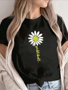 Camiseta negra de manga corta con estampado de margaritas blancas, ligera y cómoda para uso diario casual, actividades al aire libre, en casa o en ocasiones formales. Diseño elegante y transpirable con tela duradera, camiseta de algodón puro de alta calidad de 220 g con estampado minimalista, tela suave y transpirable, cómoda y holgada, adecuada para uso diario, ideal para ropa casual de oficina, apariencia diaria de primavera y verano, ropa de manga corta elegante y juvenil para mujer. - Negro - Ver 1