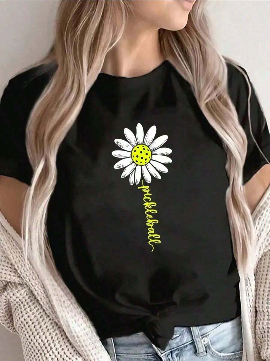 Camiseta negra de manga corta con estampado de margaritas blancas, ligera y cómoda para uso diario casual, actividades al aire libre, en casa o en ocasiones formales. Diseño elegante y transpirable con tela duradera, camiseta de algodón puro de alta calidad de 220 g con estampado minimalista, tela suave y transpirable, cómoda y holgada, adecuada para uso diario, ideal para ropa casual de oficina, apariencia diaria de primavera y verano, ropa de manga corta elegante y juvenil para mujer. - Negro - Ver 1