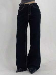 Pantalones vaqueros versátiles y casuales de mujer con bolsillos y estampado de leopardo, estilo Y2K - Negro - Ver 1
