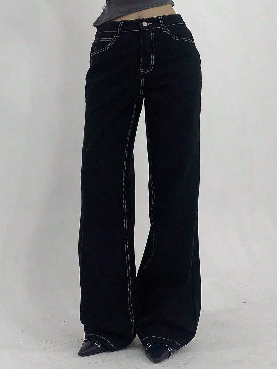Pantalones vaqueros versátiles y casuales de mujer con bolsillos y estampado de leopardo, estilo Y2K - Negro - Ver 1