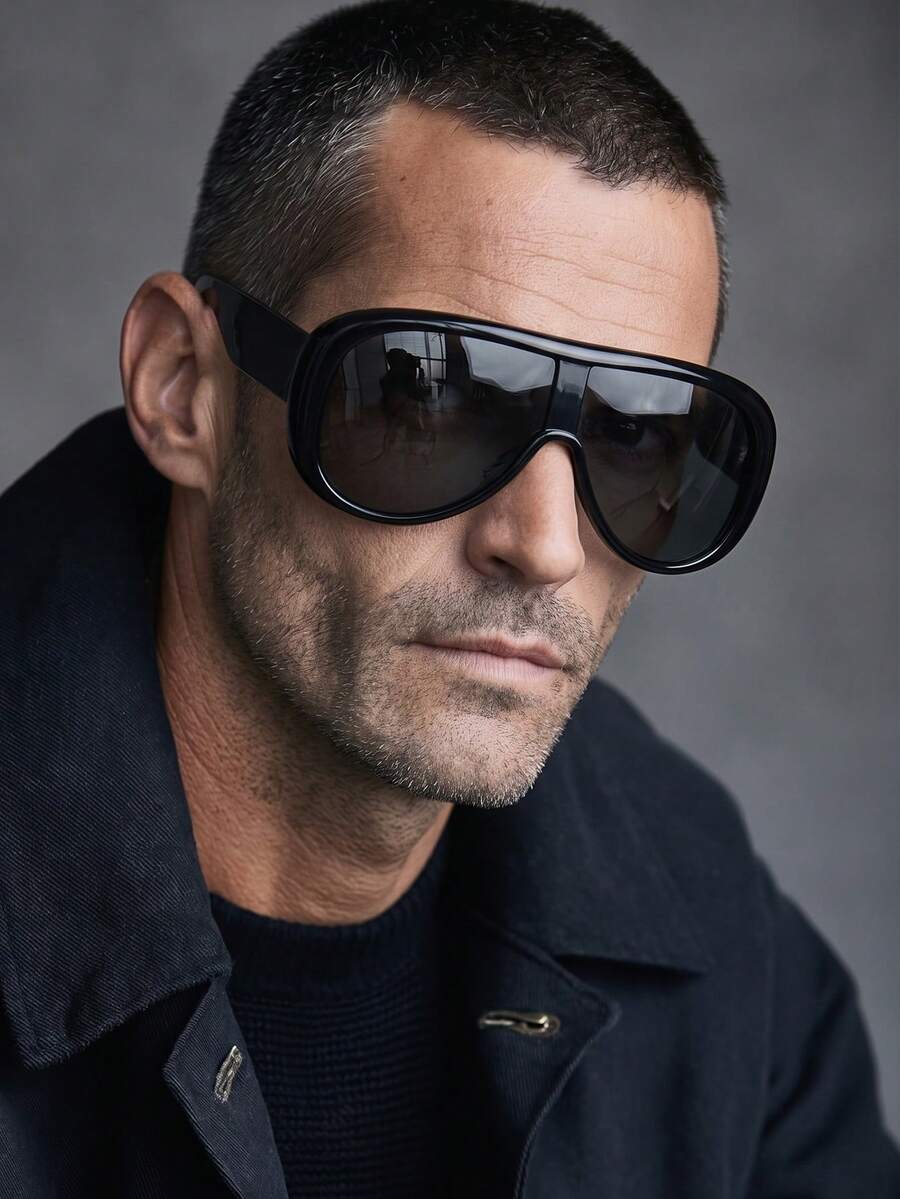 1 Pair Men's Large Frame Windproof Fashion Glasses, Suitable For Riding, Beach Vacation, Street Photography, Fashion Accessory - Glossy Black/Grey - View 1