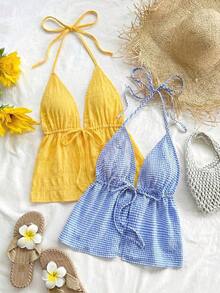 2 piezas Camiseta sin espalda con escote en V y tirantes con estampado de leopardo sexy, adecuada para vacaciones, citas, té de la tarde, vacaciones, festivales de música, estilo bohemio - Amarillo claro - Ver 7