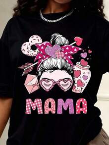Camia de talla grande para mujer con un encantador diseño de "Mama" con gafas de corazón, lazo y motivos de amor, perfecta para el Día de la Madre o para uso diario.Estilo de cuello redondo, cómoda y versátil, lavable a máquina, adecuada para todas las estaciones.Transpirable y cómoda. - Negro - Ver 2
