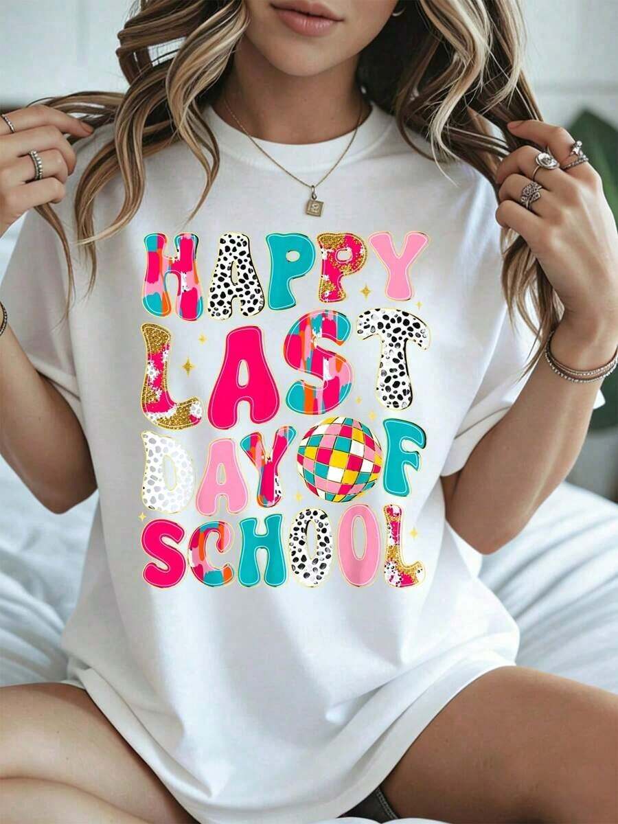 Camia de cuello redondo con estampado "Último Día de Clases", ropa casual blanca para el verano, transpirable y cómoda. - Blanco - Ver 1