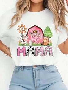 Camia Familiar a Juego con Estampado Gráfico de Animales de Granja Rosa "Feliz Pascua, Mamá", Camia Sólida de Manga Corta Casual para Mujer para Primavera y Verano, Camias Gráficas para Mujer Transpirables y Cómodas - Blanco - Ver 6